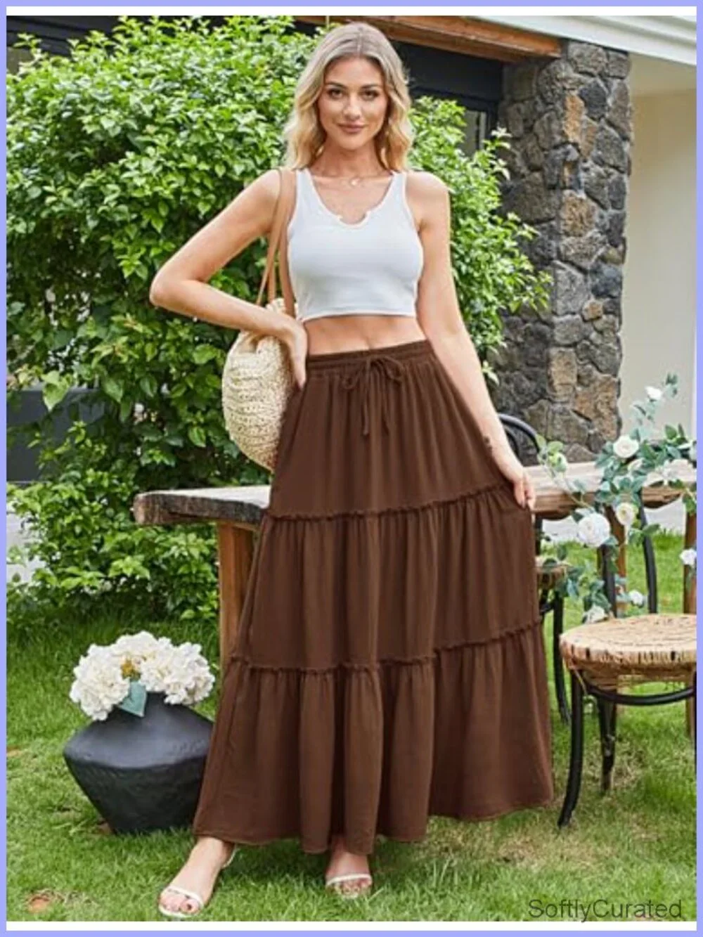 High Waist Maxi Skirt with Pockets Flowy Boho Ruffle Tiered Long Skirt